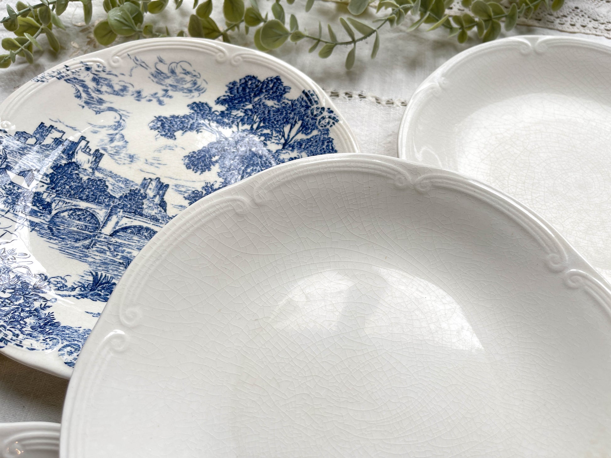 5 Assiettes vintage faïence de GIEN France dépareillées vintage motif bleues