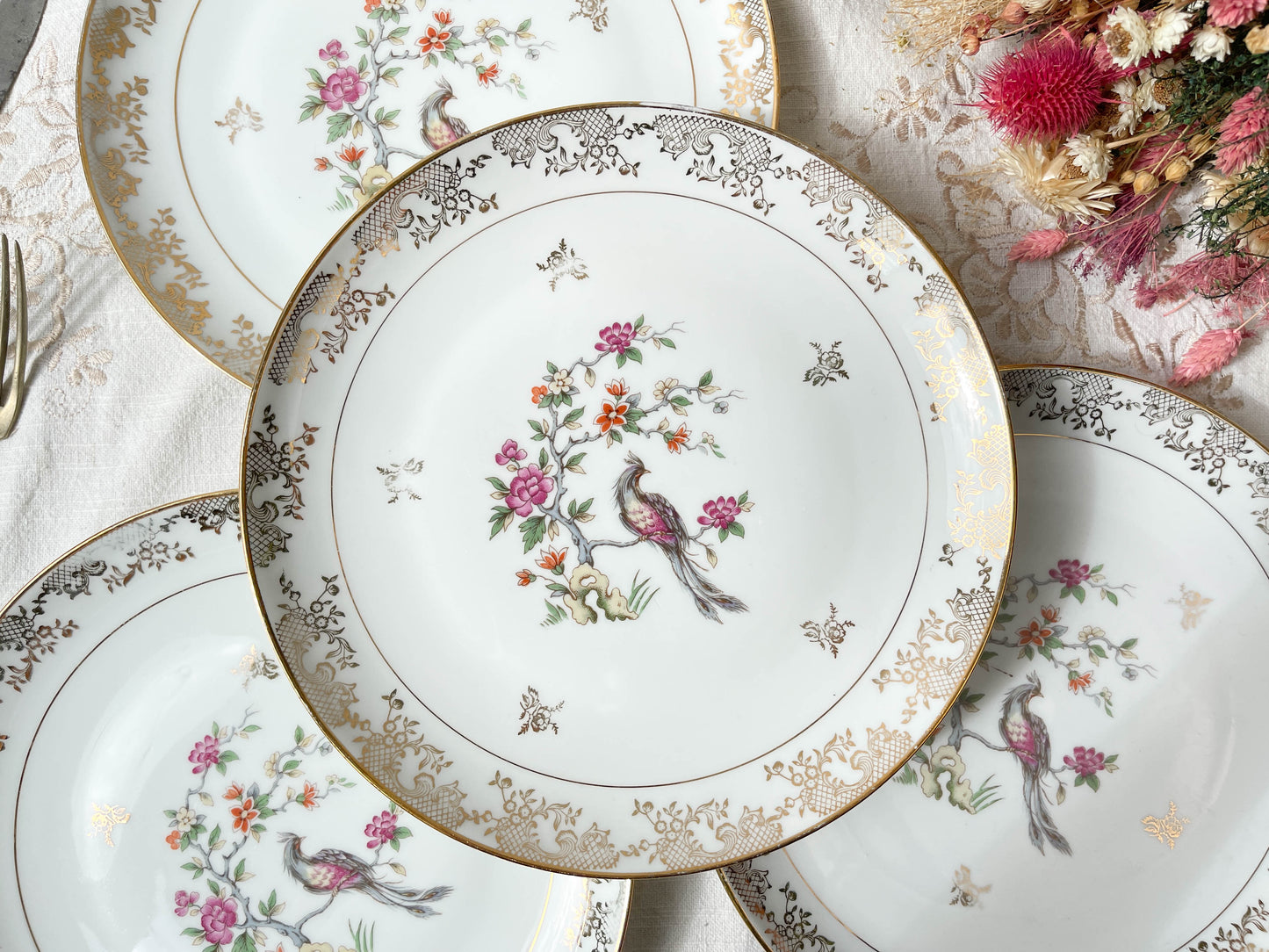 4 Assiettes plates en porcelaine de Limoges motif oiseau de paradis