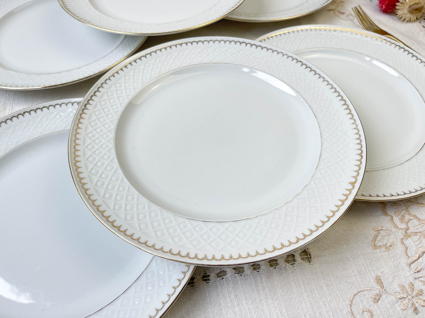 6 Assiettes plates porcelaine vintage blanche dorée BAVARIA modèle "Annabell"