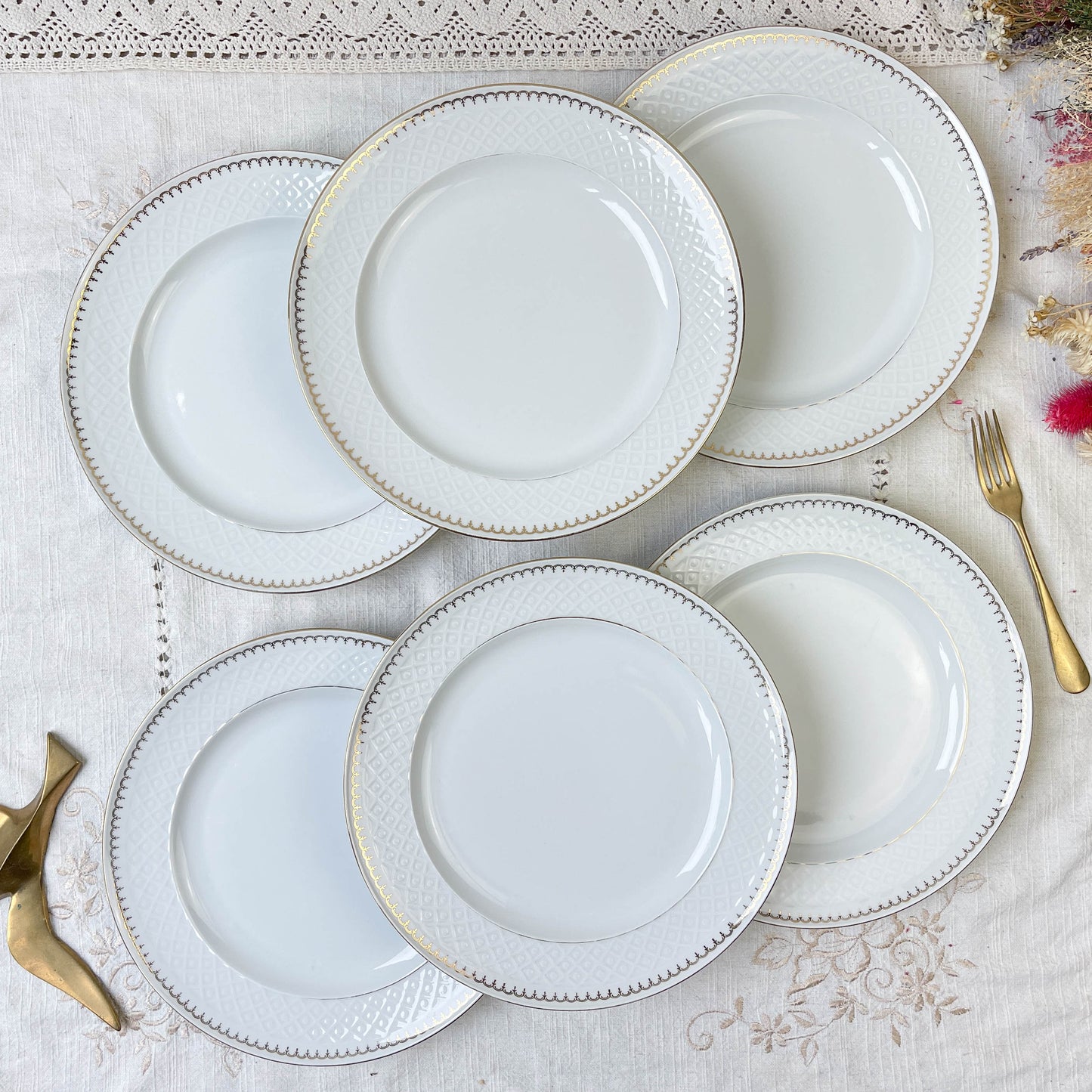 6 Assiettes plates porcelaine vintage blanche dorée BAVARIA modèle "Annabell"