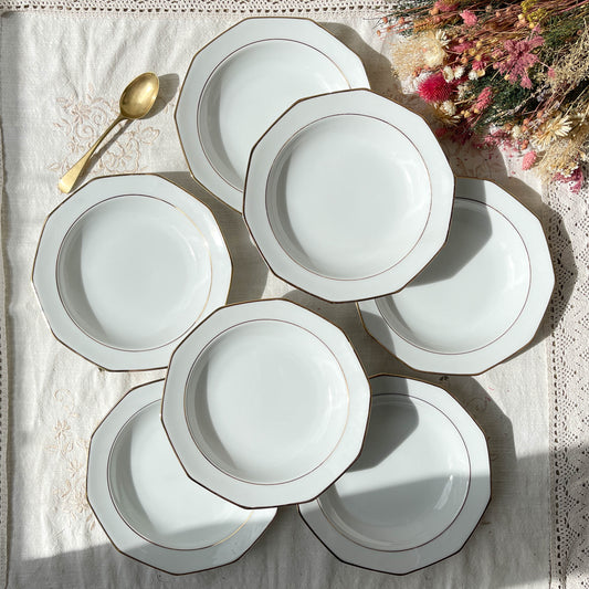 7 Assiettes creuses en porcelaine Winterling Marktleuthen Bavaria blanches dorées