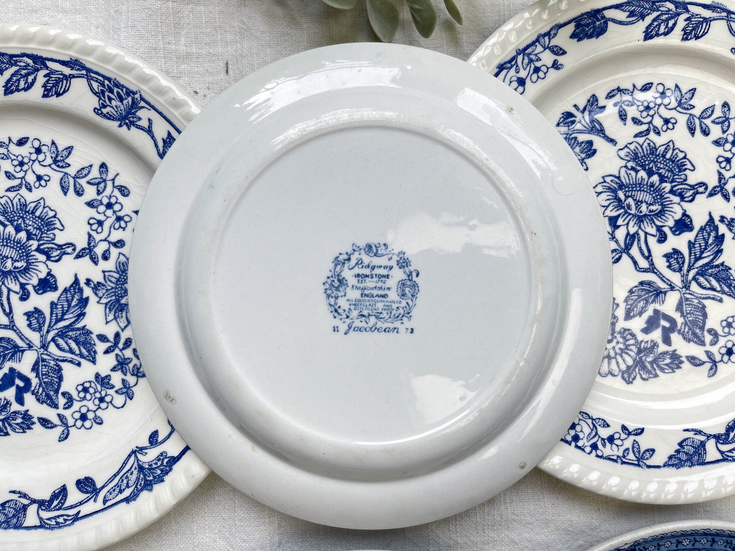 6 Assiettes vintage Porcelaine blanches dorées + 6 Petites Assiettes dépareillées bleues Jacobean ridgway