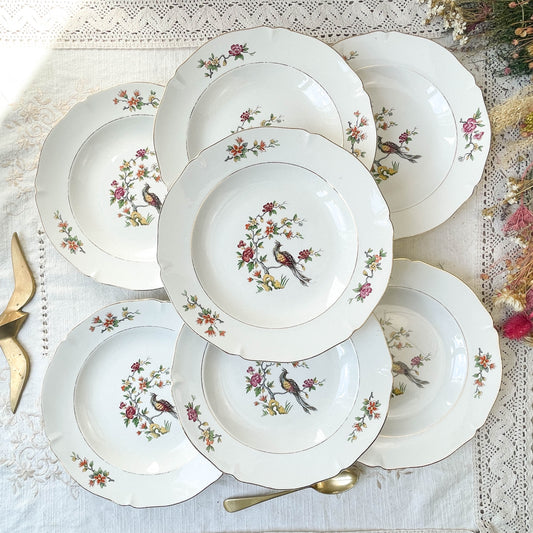 7 Assiettes creuses en porcelaine Française Céranord modèle "REGENCE" motif oiseau de paradis