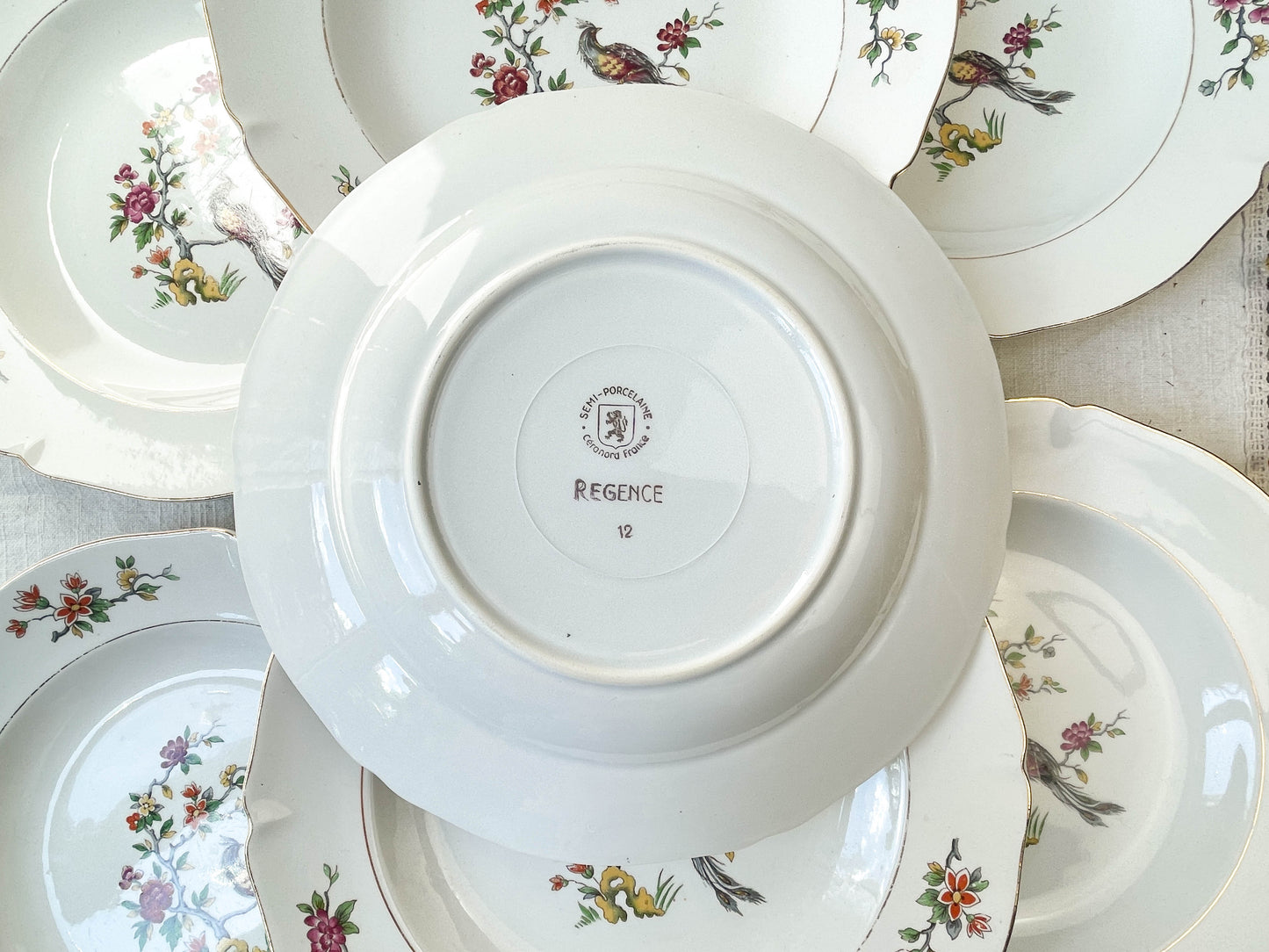 7 Assiettes creuses en porcelaine Française Céranord modèle "REGENCE" motif oiseau de paradis