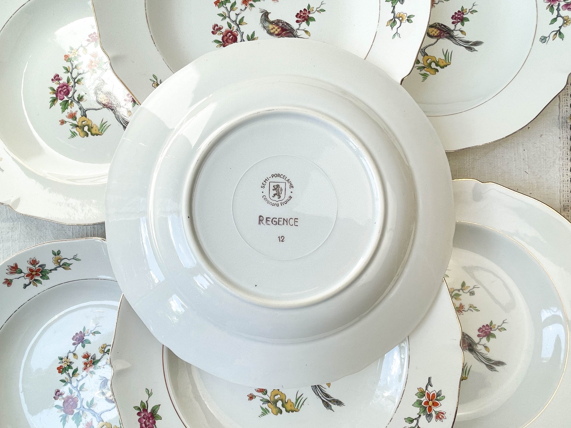 7 Assiettes creuses en porcelaine Française Céranord modèle "REGENCE" motif oiseau de paradis