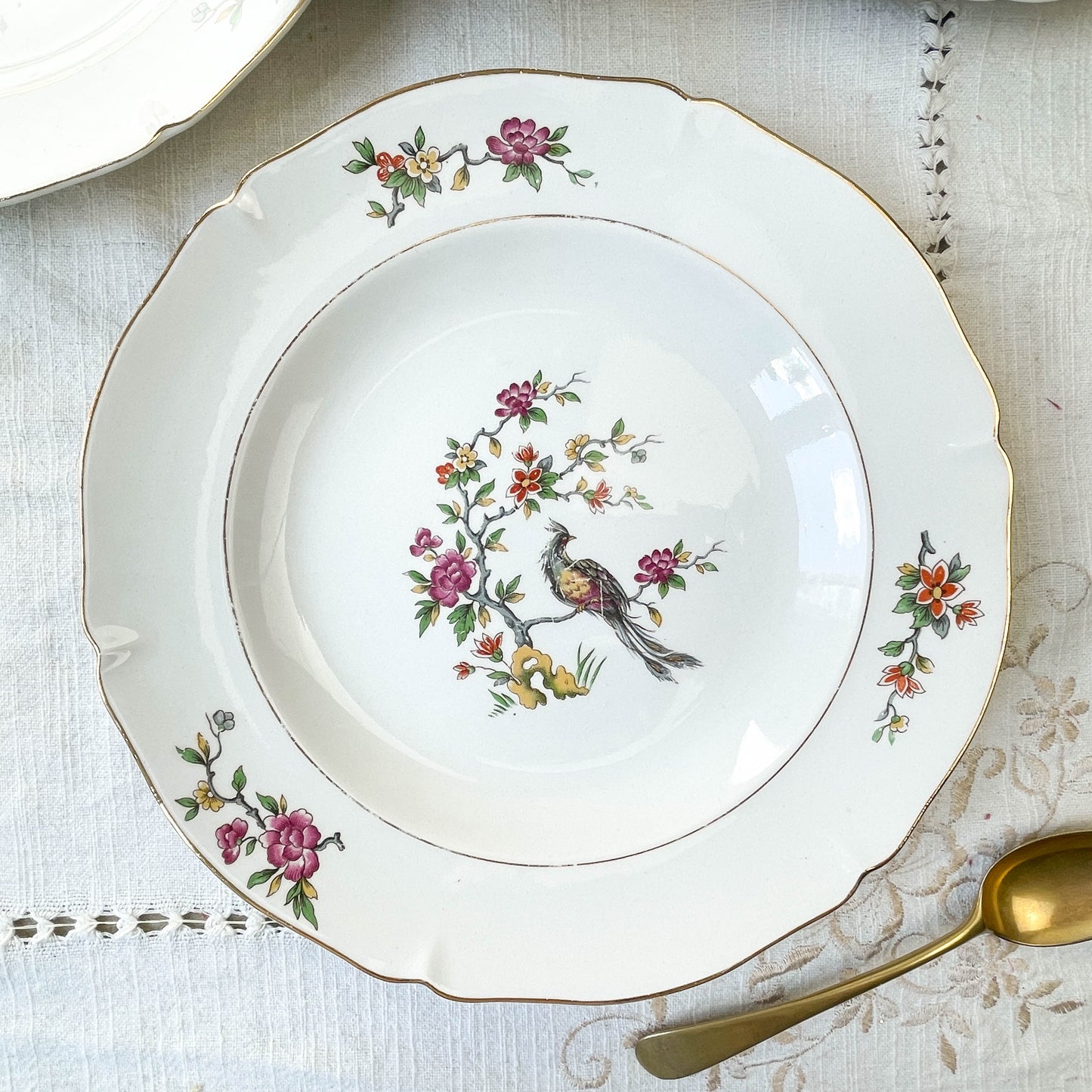 7 Assiettes creuses en porcelaine Française Céranord modèle "REGENCE" motif oiseau de paradis