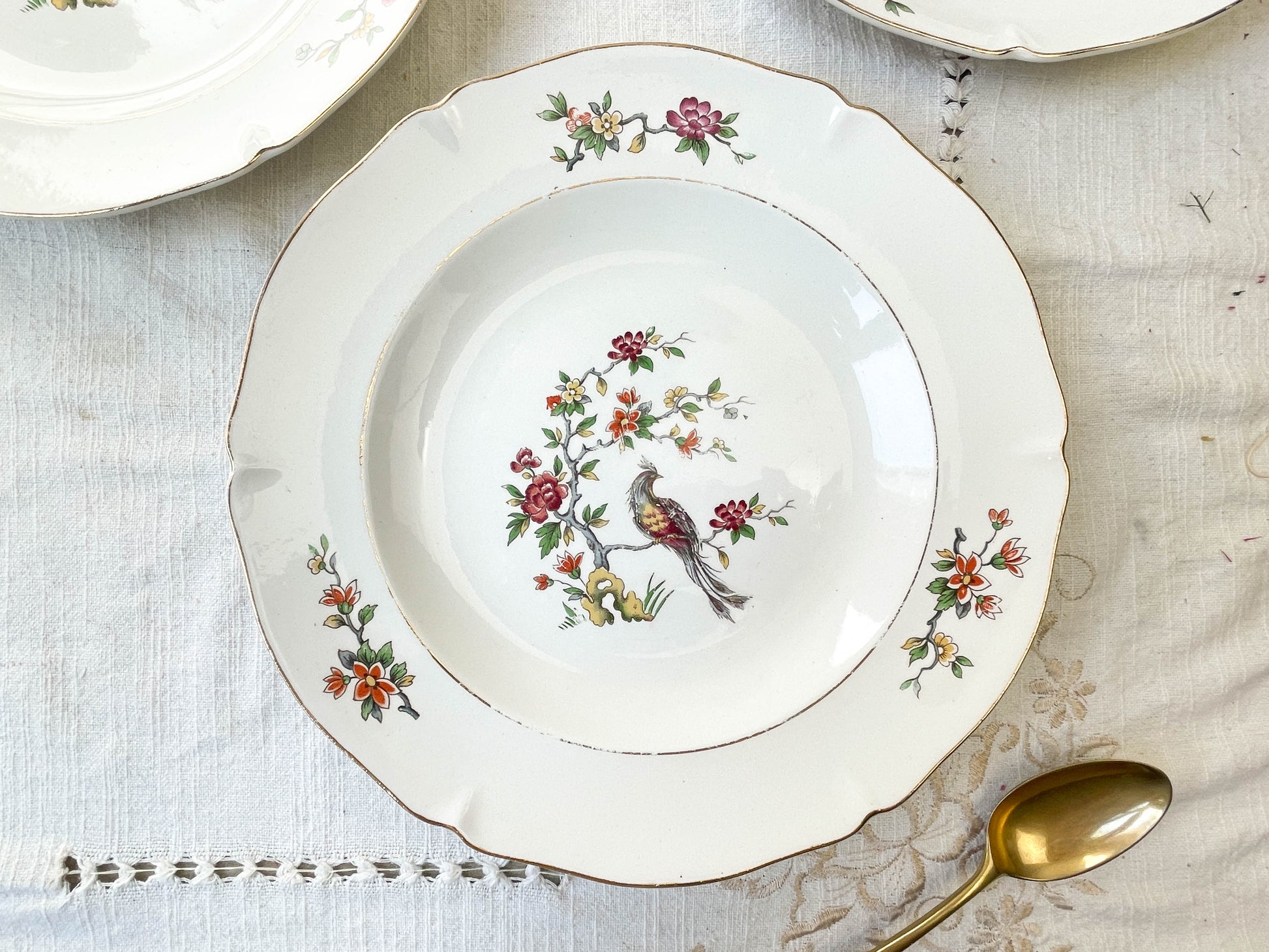 7 Assiettes creuses en porcelaine Française Céranord modèle "REGENCE" motif oiseau de paradis