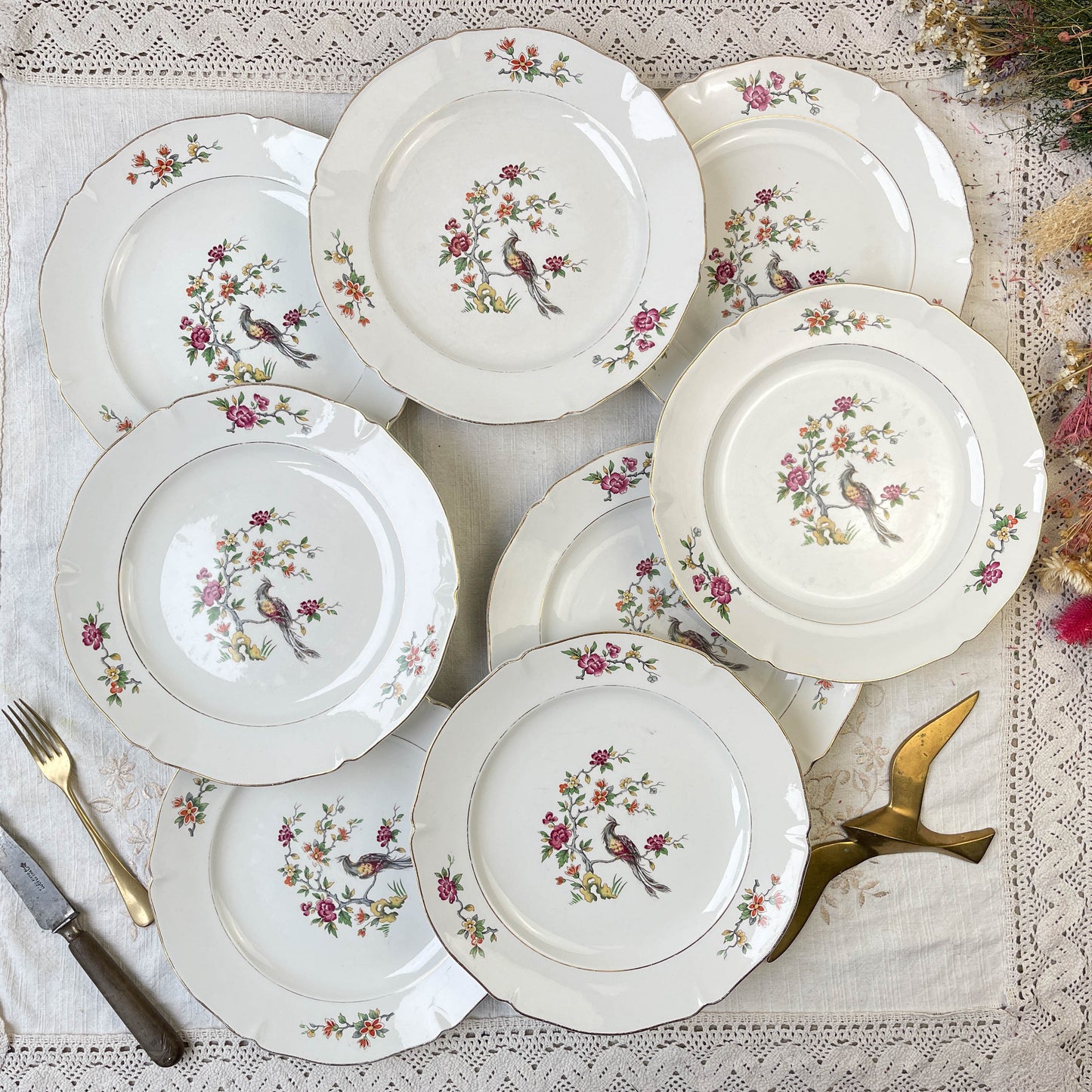 8 Assiettes plates en porcelaine Céranord motif oiseau de paradis modèle "REGENCE"