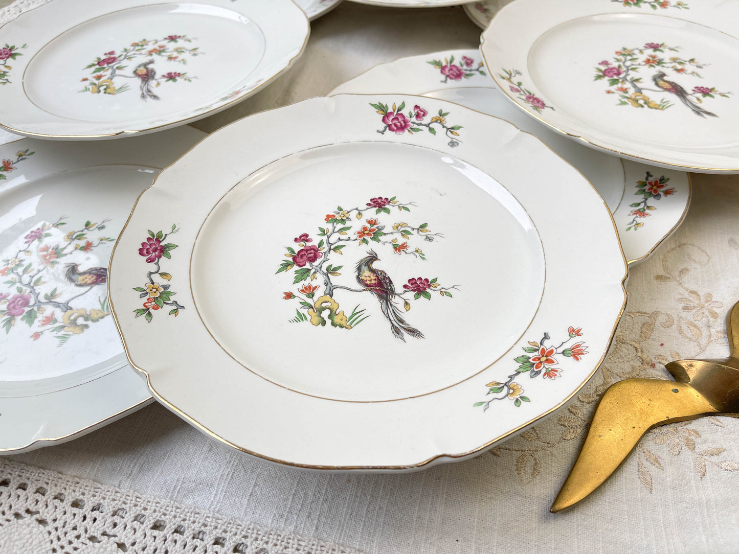 8 Assiettes plates en porcelaine Céranord motif oiseau de paradis modèle "REGENCE"