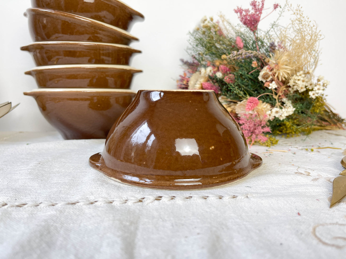 6 Bols à gratiner en céramique Emile Henry bi-colore marron et crème vintage Made in France