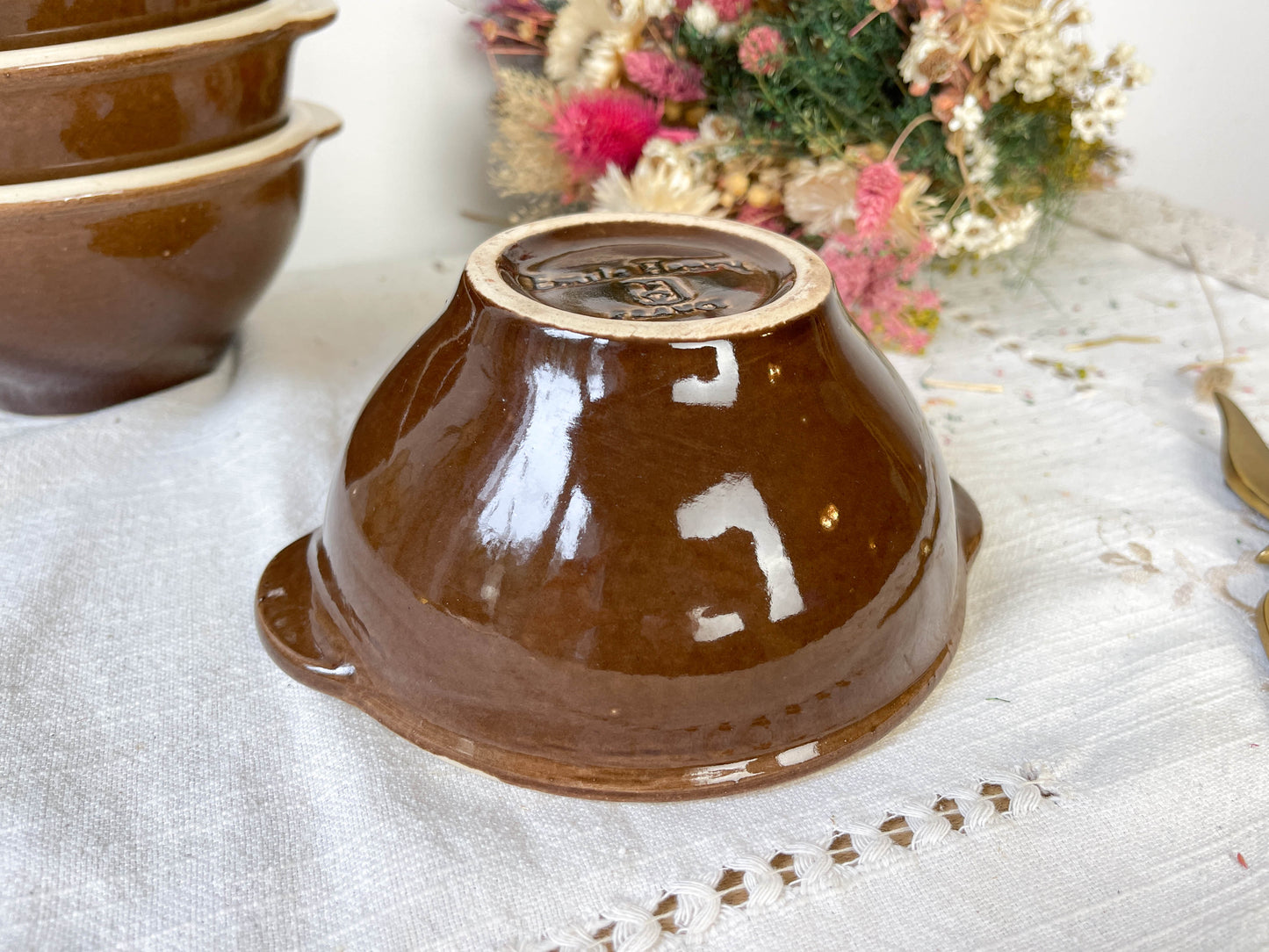6 Bols à gratiner en céramique Emile Henry bi-colore marron et crème vintage Made in France