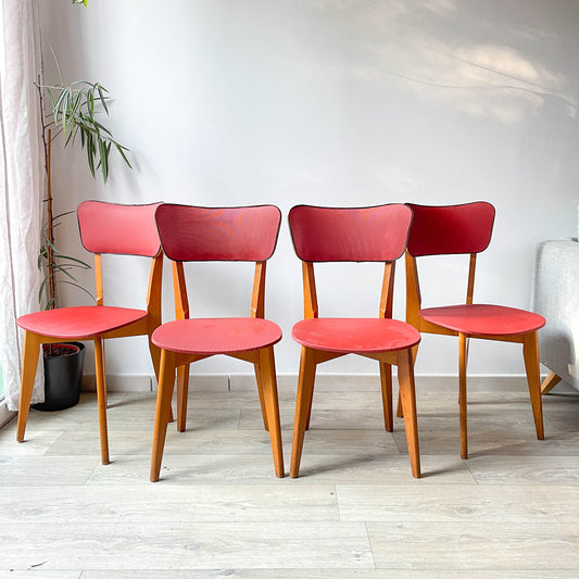 Chaises vintage années 60 bois et skaï rouge