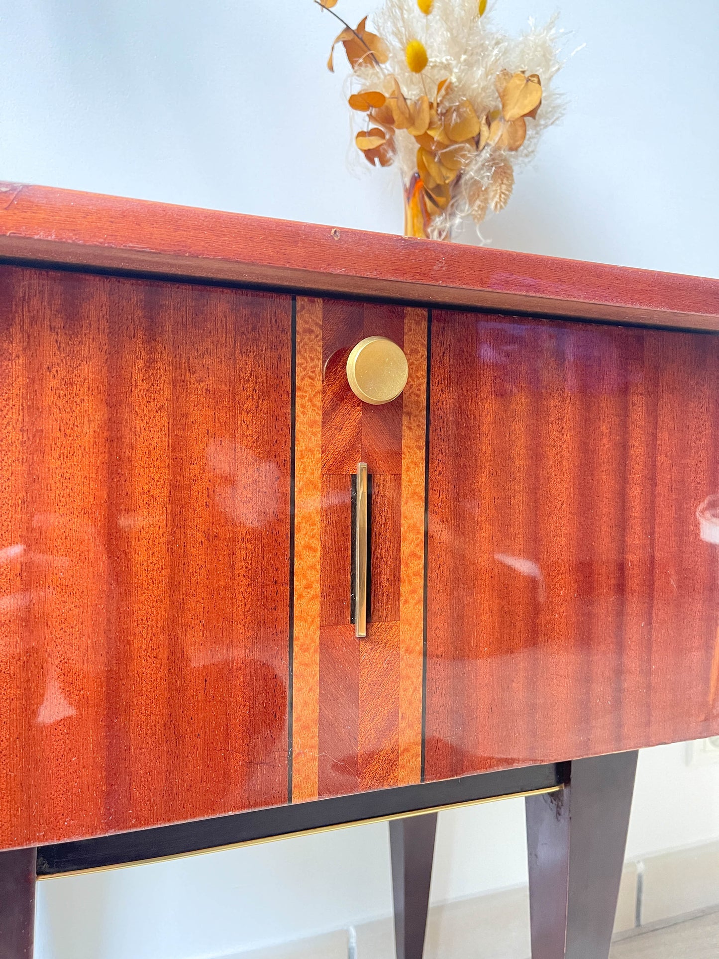 Table de chevet vintage bois et laiton, 1950