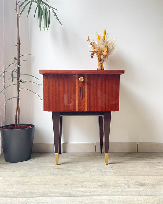 Table de chevet vintage bois et laiton, 1950