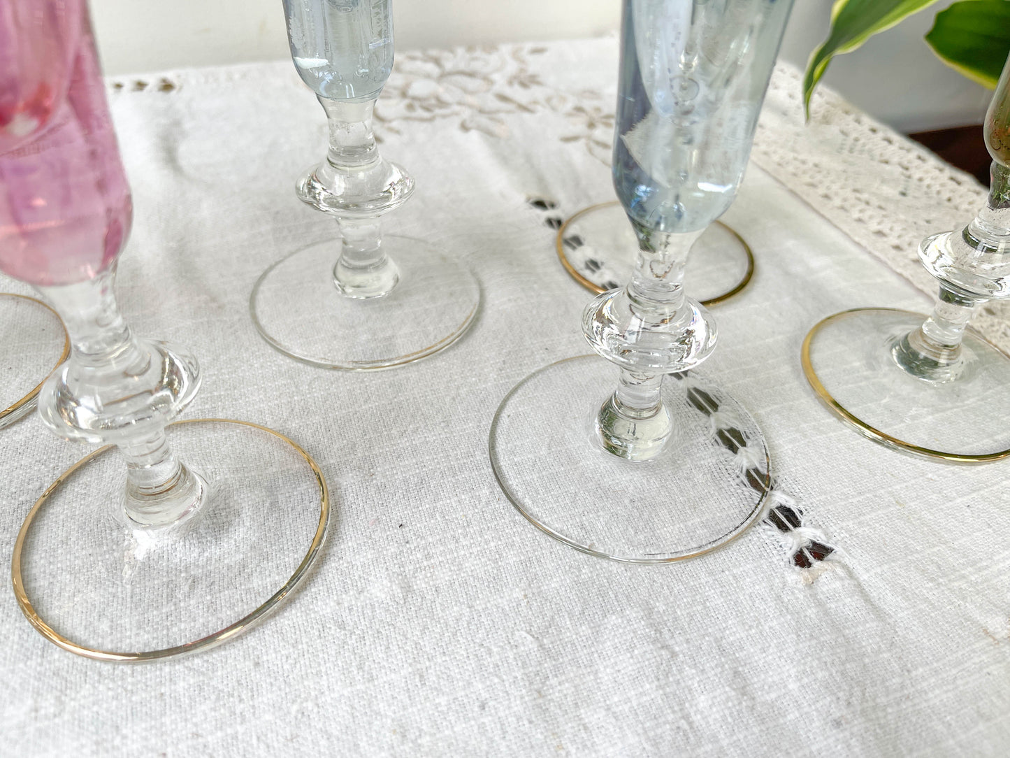 10 Flûtes à champagne cristal ciselé coloré vintage