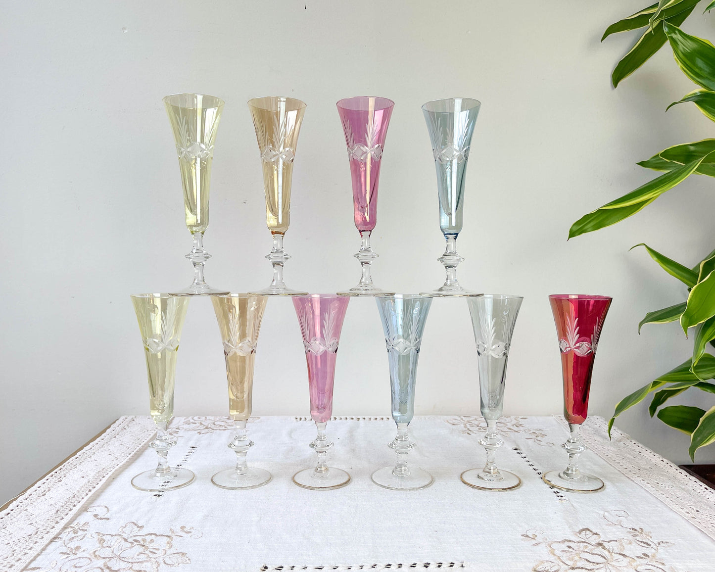 10 Flûtes à champagne cristal ciselé coloré vintage