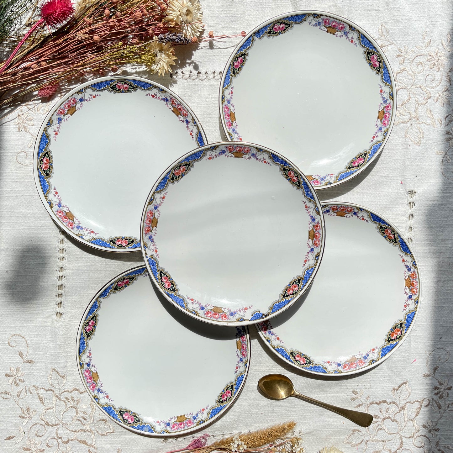 5 Small vintage French DIGOIN SARREGUEMINES flowered plates 1950
