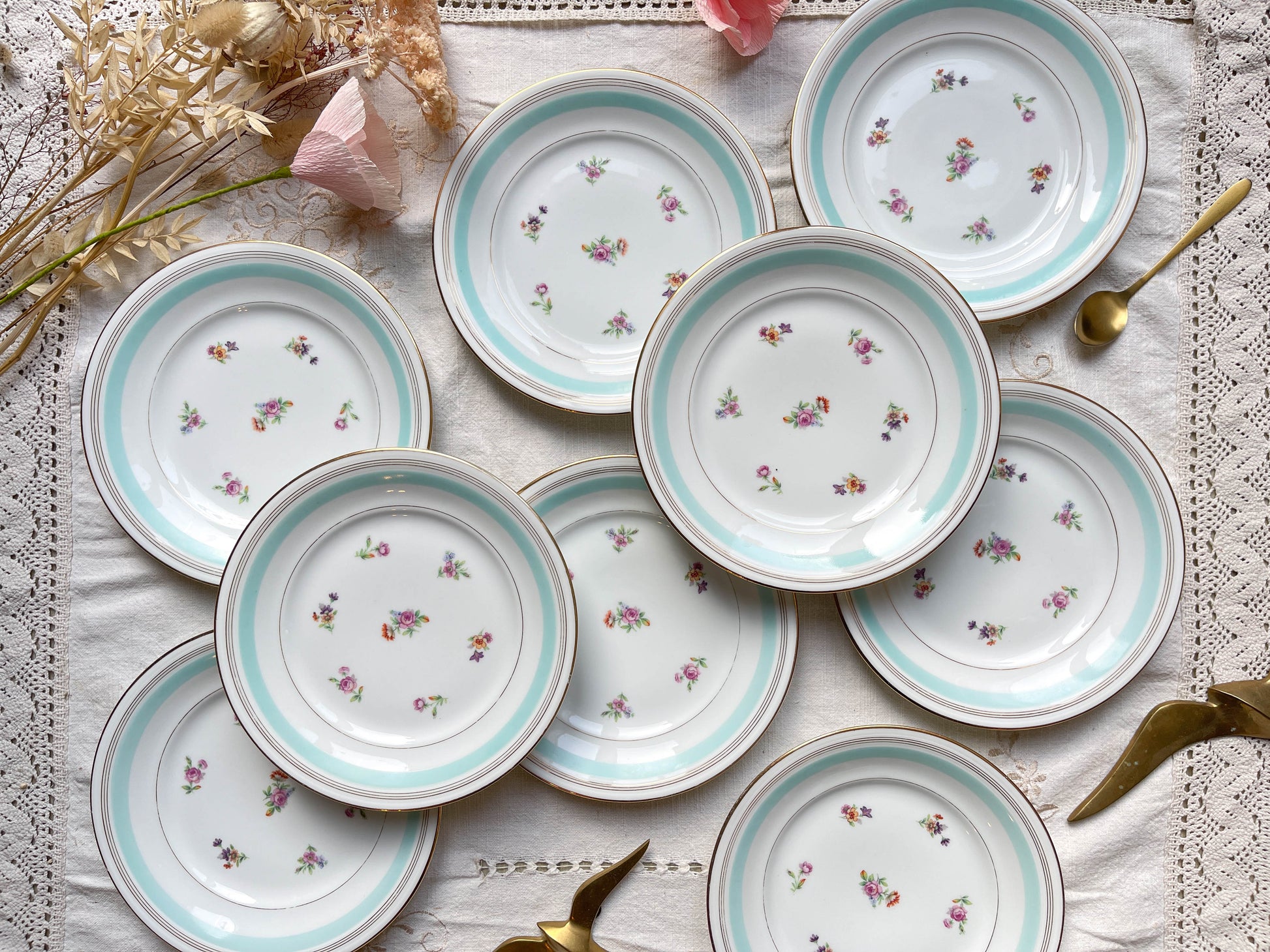 9 Petites assiettes vintage porcelaine Céranord LP motif Fleurie bleue 1950