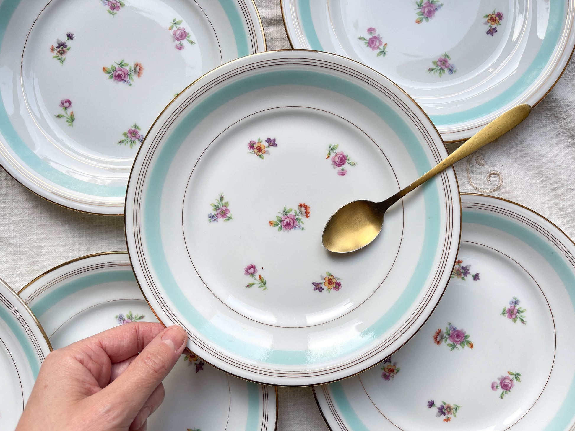 9 Petites assiettes vintage porcelaine Céranord LP motif Fleurie bleue 1950