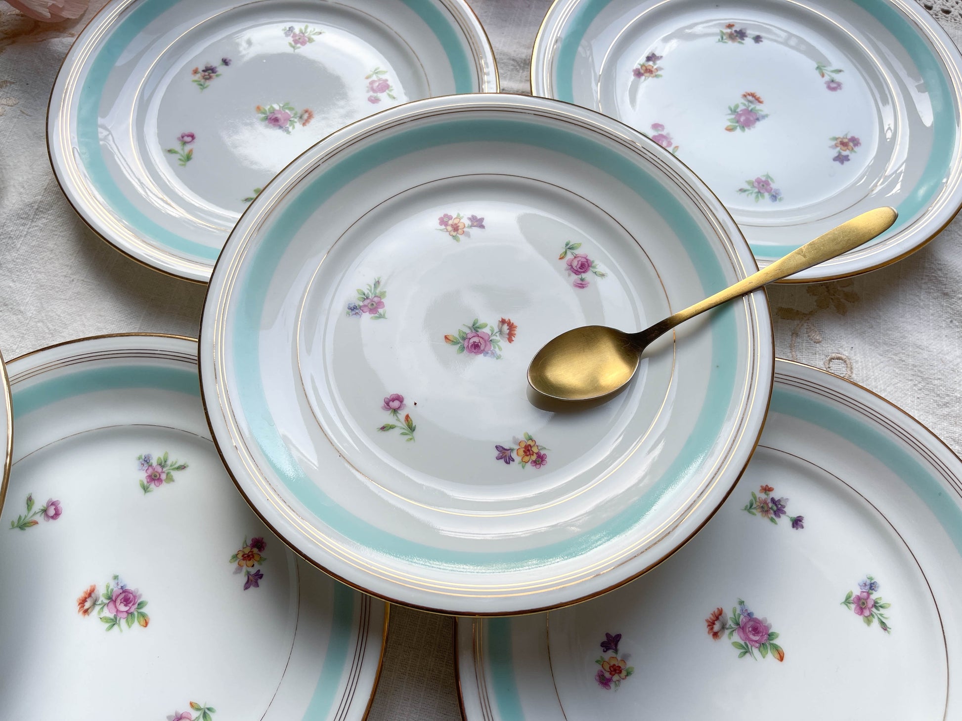 9 Petites assiettes vintage porcelaine Céranord LP motif Fleurie bleue 1950
