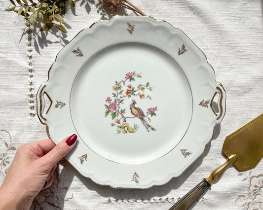 Plat à gâteau vintage en porcelaine de Limoges Berry motif oiseau de paradis
