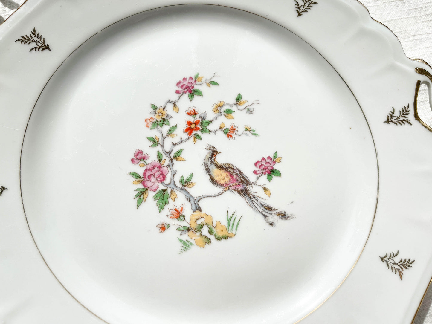 Plat à gâteau vintage en porcelaine de Limoges Berry motif oiseau de paradis