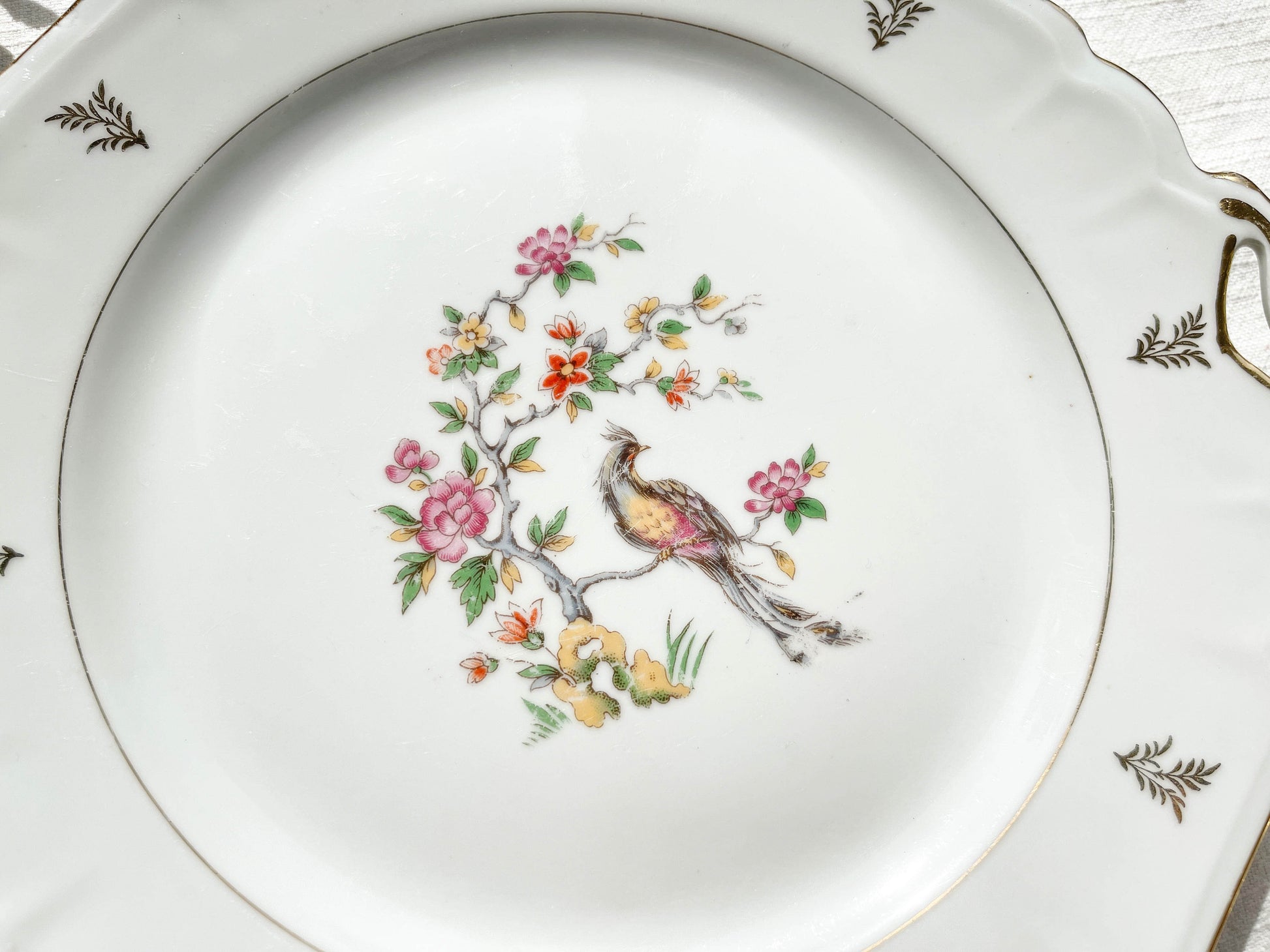 Plat à gâteau vintage en porcelaine de Limoges Berry motif oiseau de paradis
