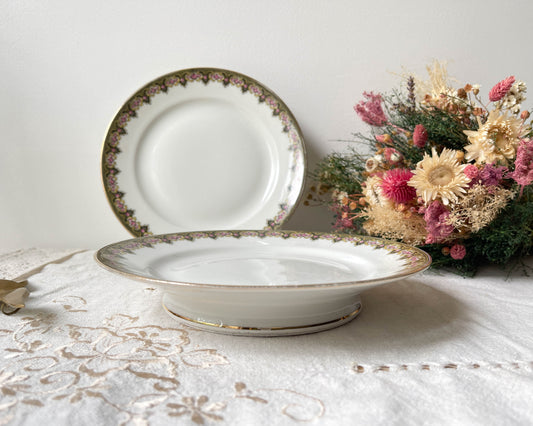 Plat piédouche vintage Porcelaine blanche fleurie Made in France