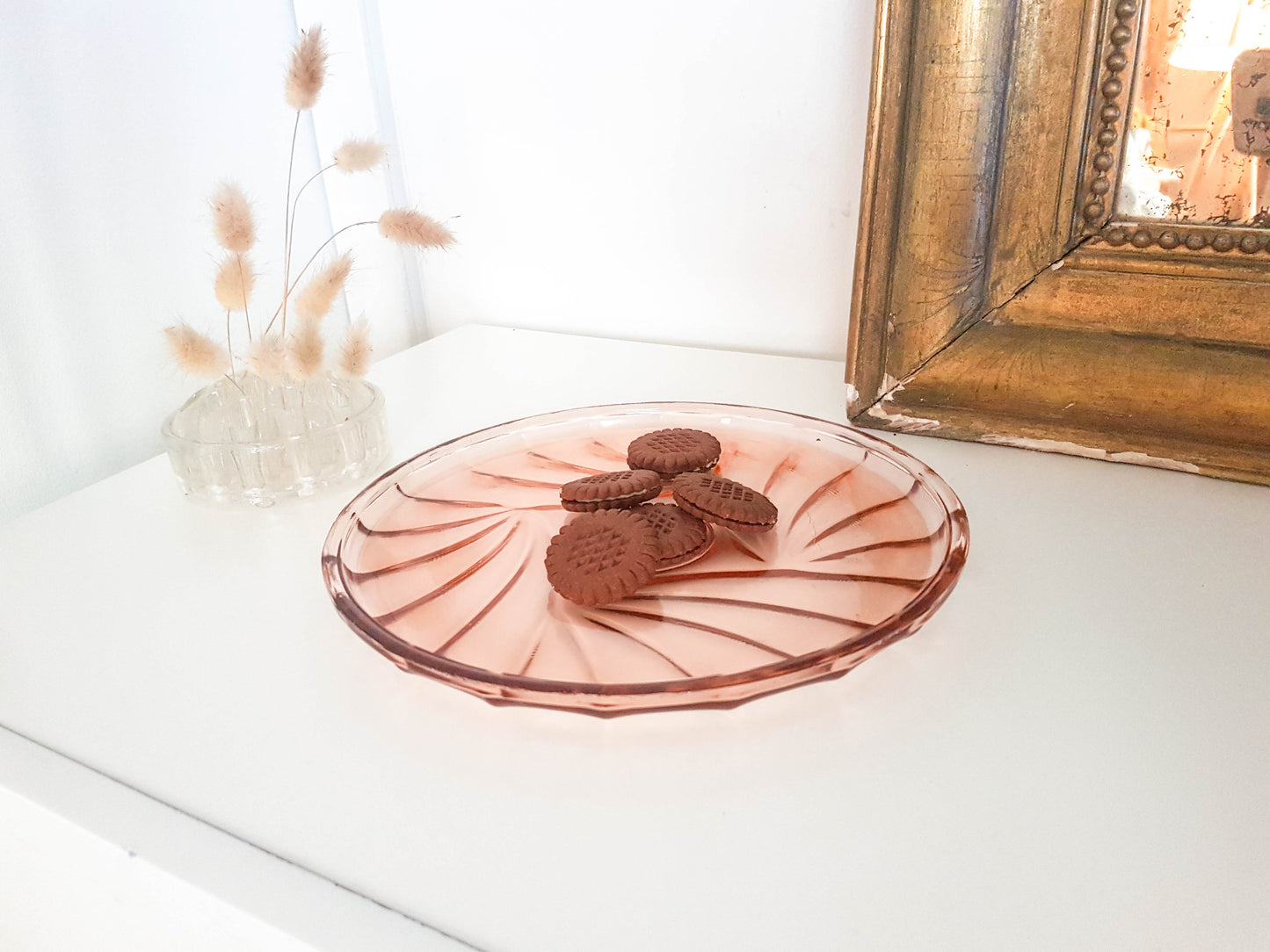 Plat vintage en verre rose style ART DECO 1950