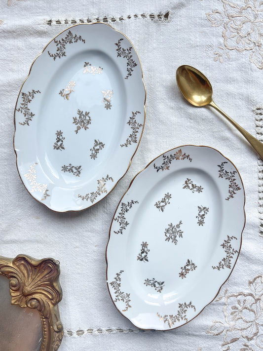 2 J&Ciem France 1950 white gilded porcelain dishes with floral pattern