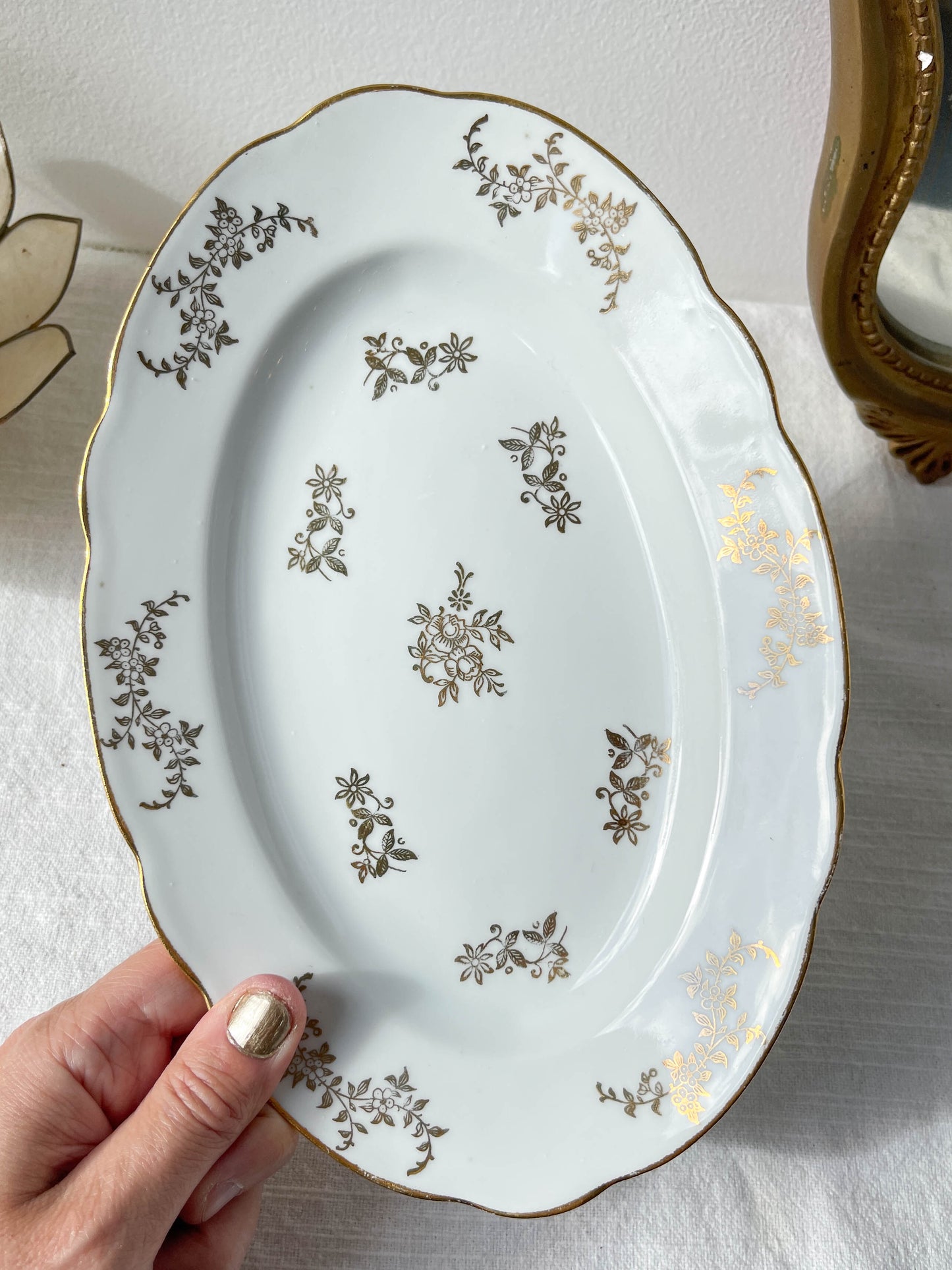 2 J&Ciem France 1950 white gilded porcelain dishes with floral pattern