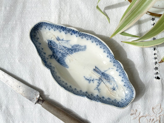 Ravier vintage Terre de fer bleue VERMONT FRERES motif oiseaux XIXème