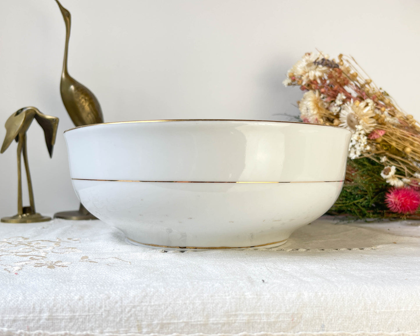 Saladier vintage porcelaine Française Limoges motif oiseau de paradis et fleurs