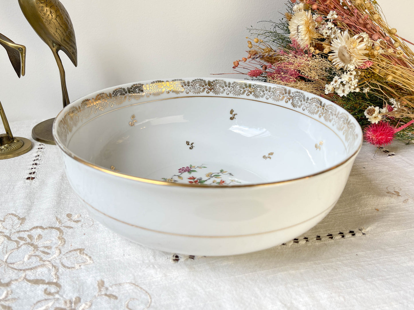 Saladier vintage porcelaine Française Limoges motif oiseau de paradis et fleurs