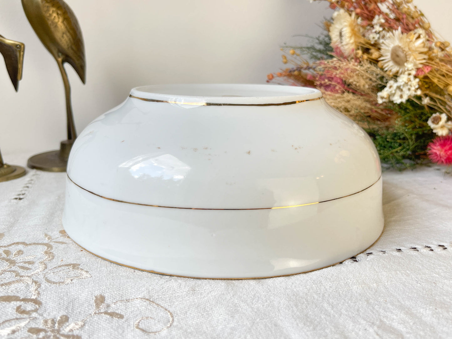 Saladier vintage porcelaine Française Limoges motif oiseau de paradis et fleurs