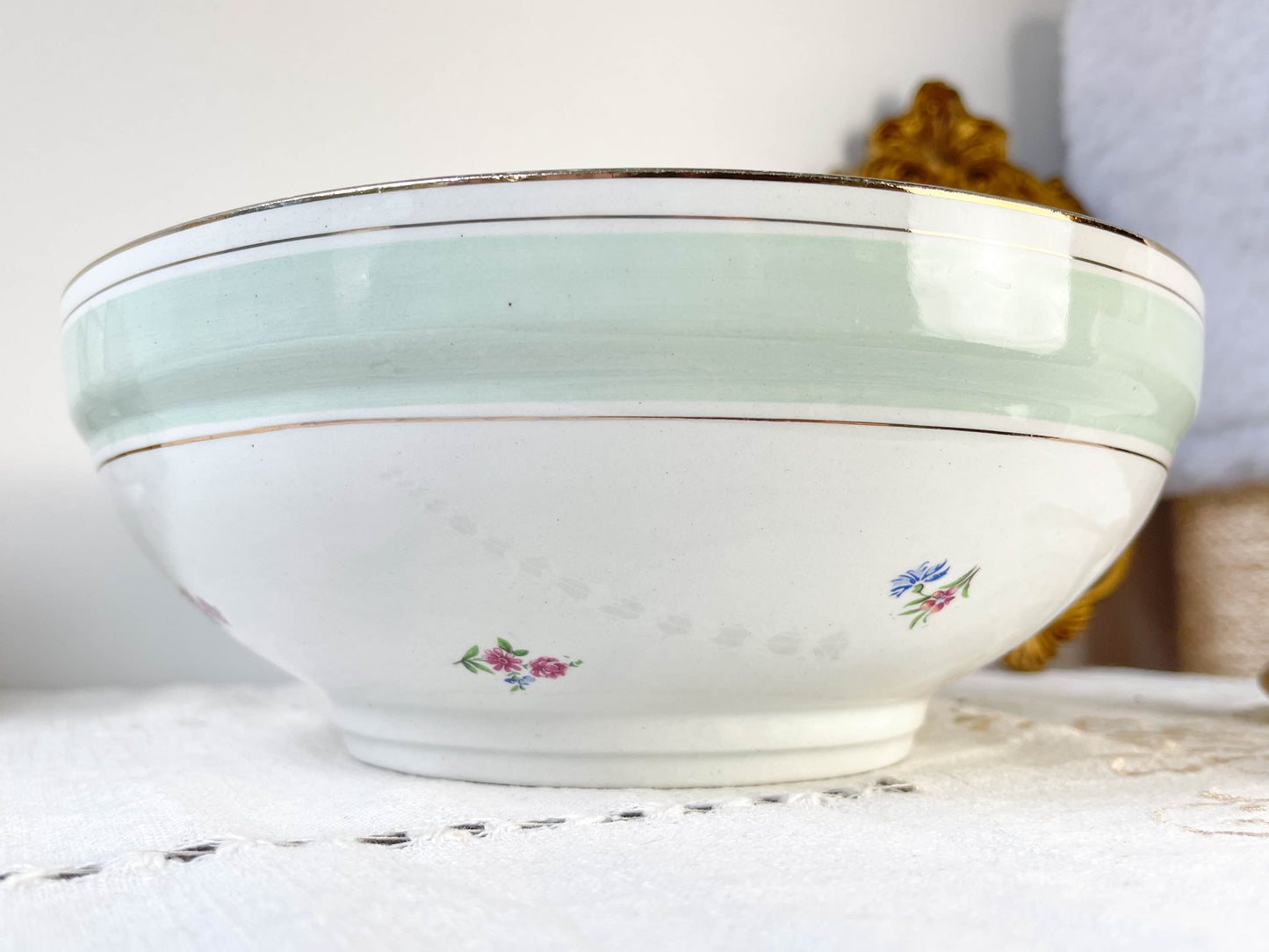 Saladier porcelaine vintage fleuri blanche verte SALINS 66 de 1950s
