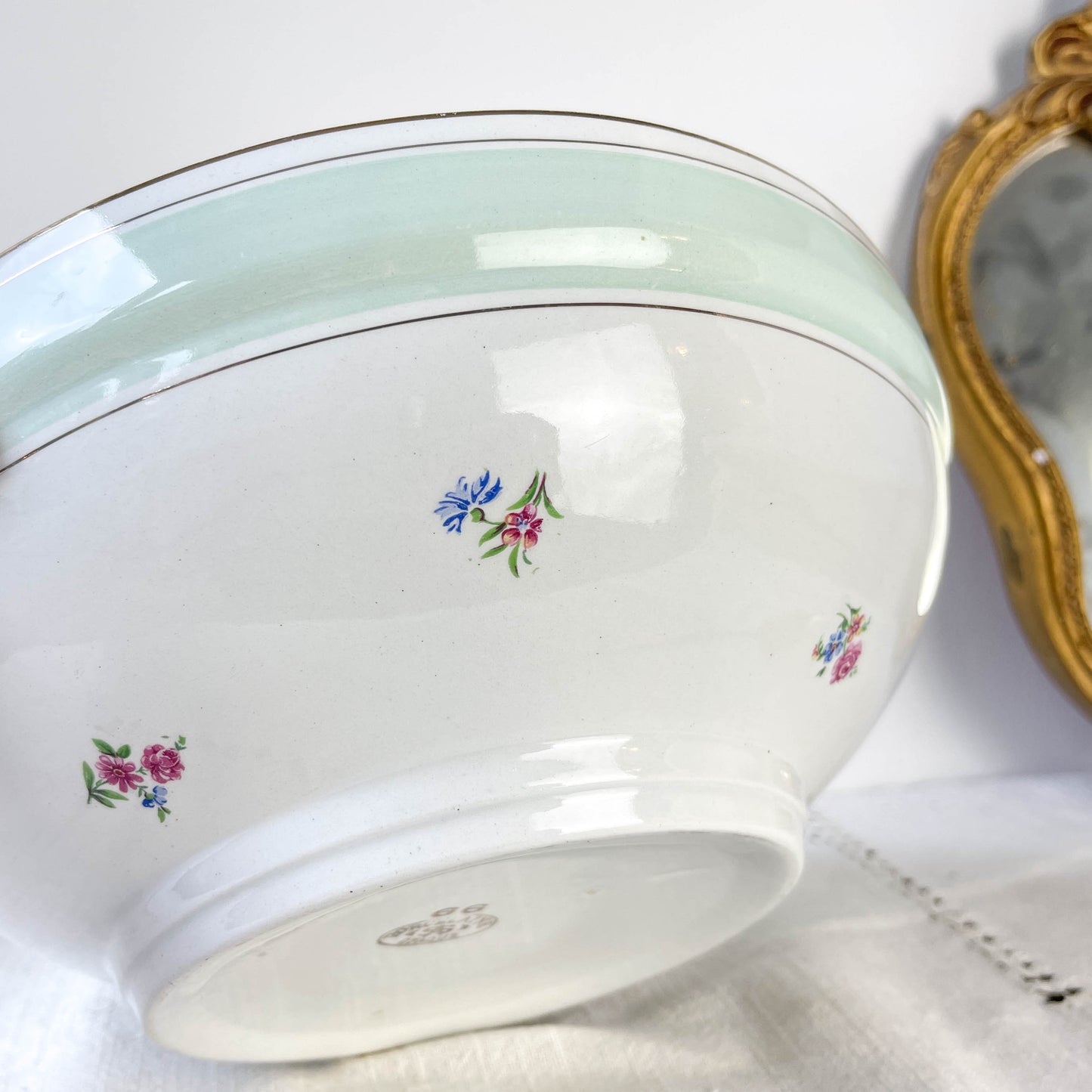 Saladier porcelaine vintage fleuri blanche verte SALINS 66 de 1950s