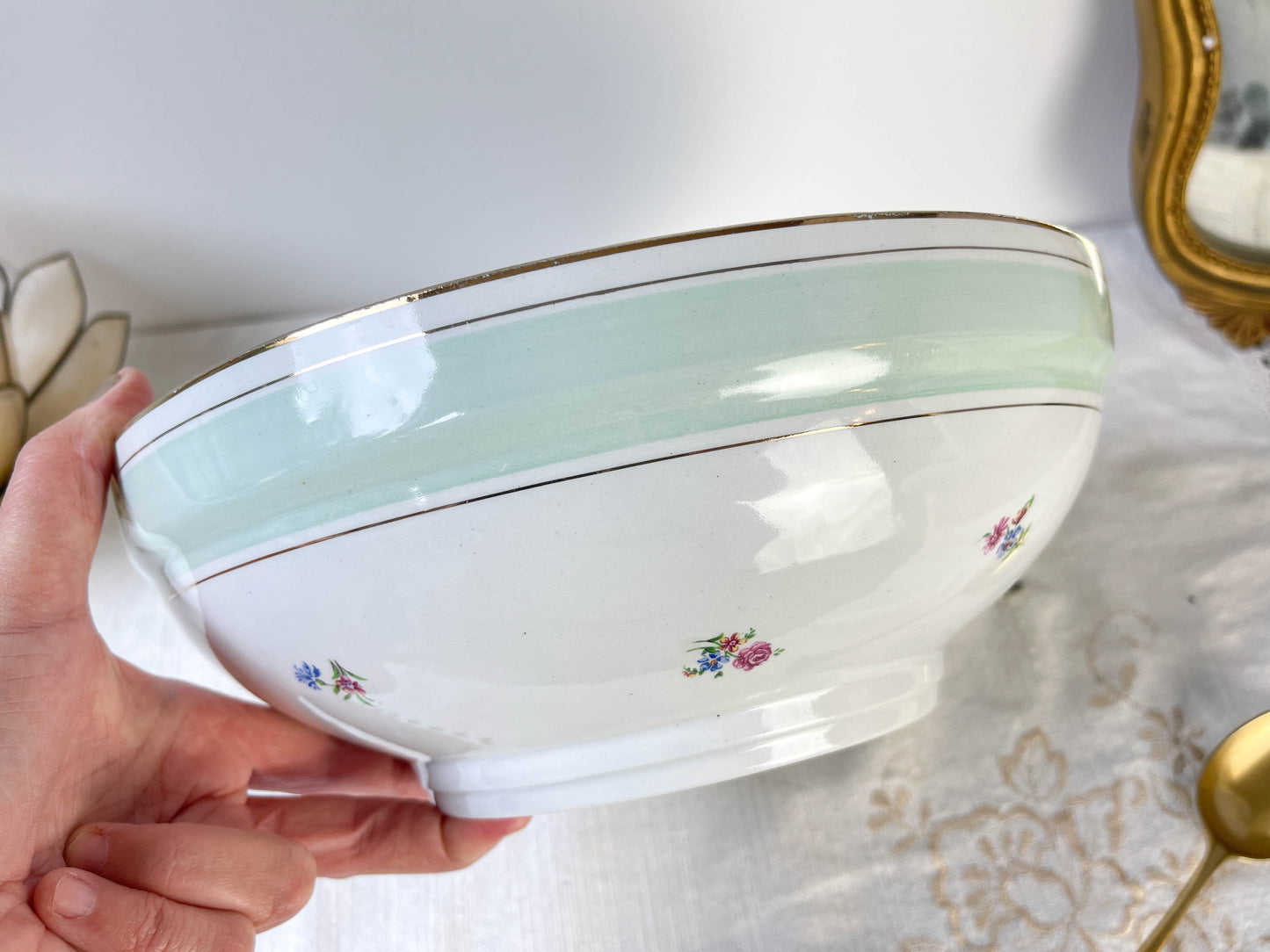 Saladier porcelaine vintage fleuri blanche verte SALINS 66 de 1950s