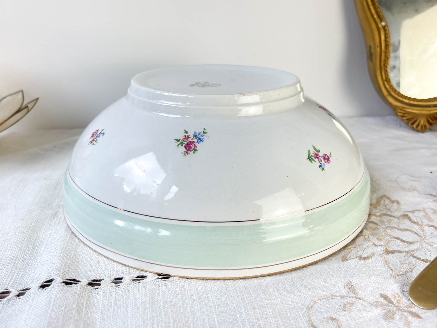 Saladier porcelaine vintage fleuri blanche verte SALINS 66 de 1950s