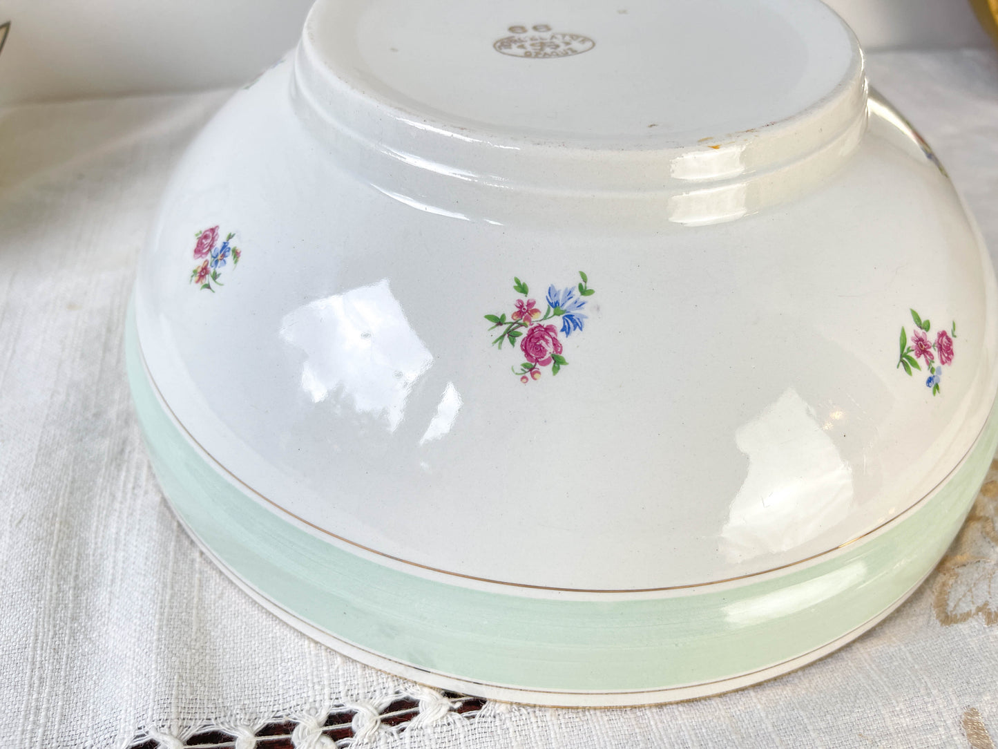 Saladier porcelaine vintage fleuri blanche verte SALINS 66 de 1950s