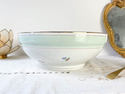 Saladier porcelaine vintage fleuri blanche verte SALINS 66 de 1950s