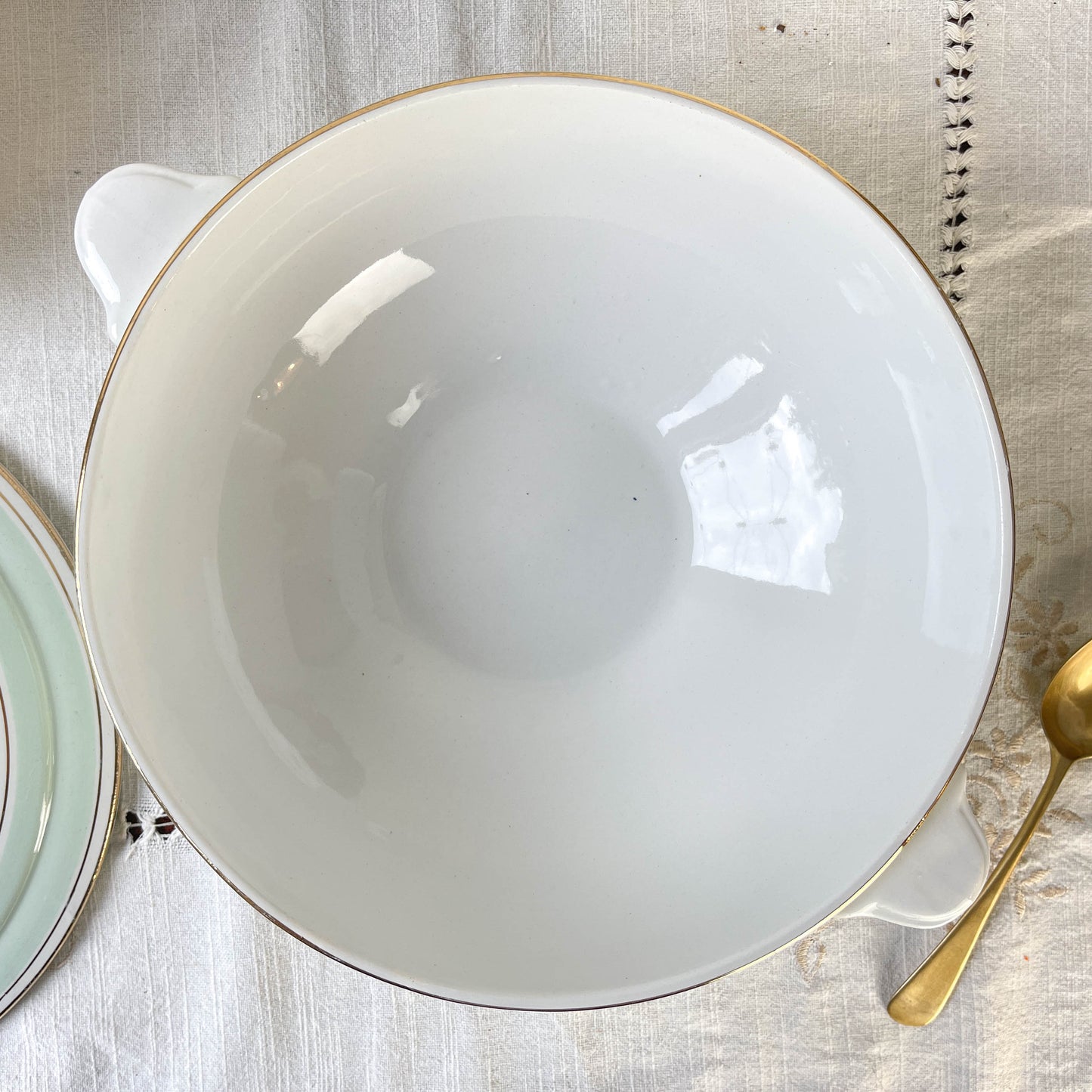 Soupière porcelaine vintage fleuri blanche verte SALINS 66 de 1950s