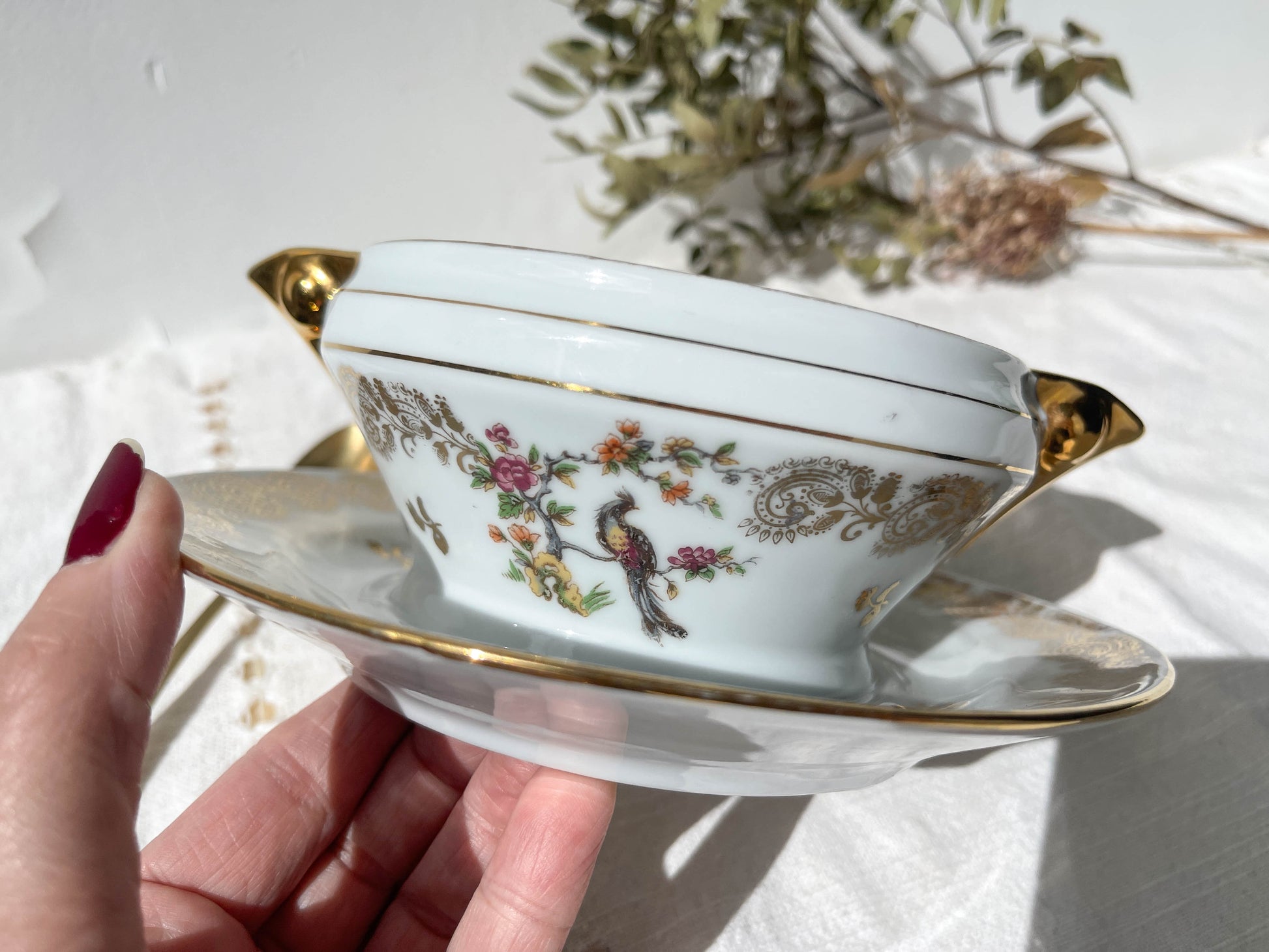 Saucière vintage Porcelaine de LIMOGES motif oiseau de paradis Made in France