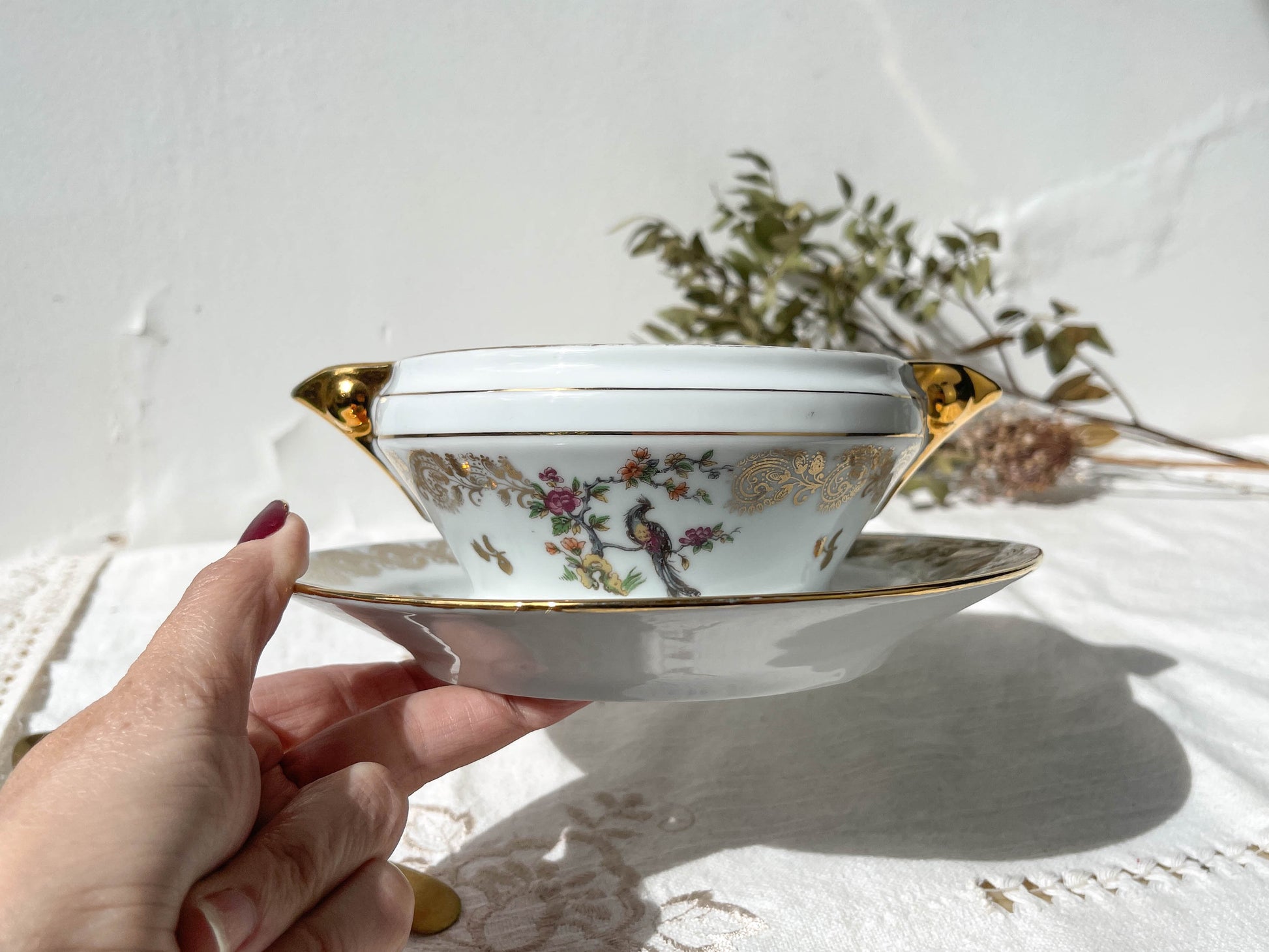 Saucière vintage Porcelaine de LIMOGES motif oiseau de paradis Made in France