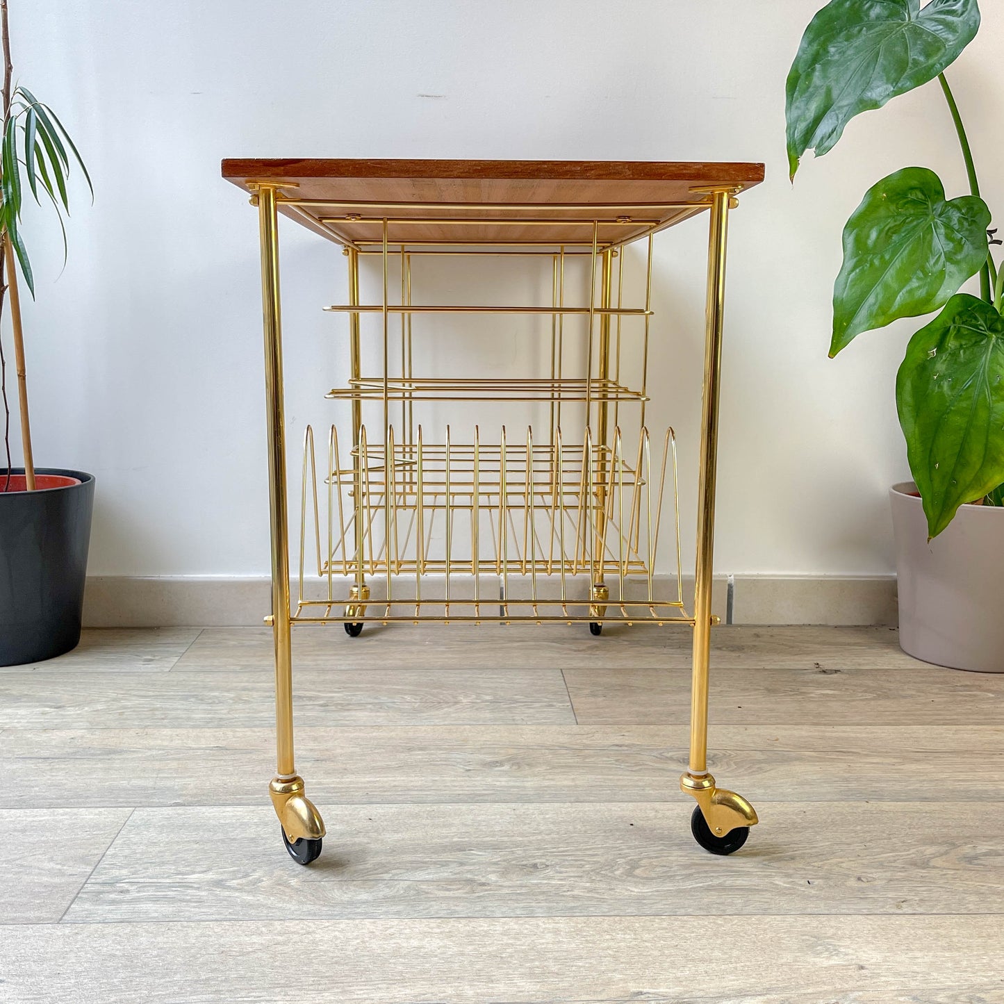 Table d'appoint vintage range vinyles - Laiton & Bois – Années 50/60