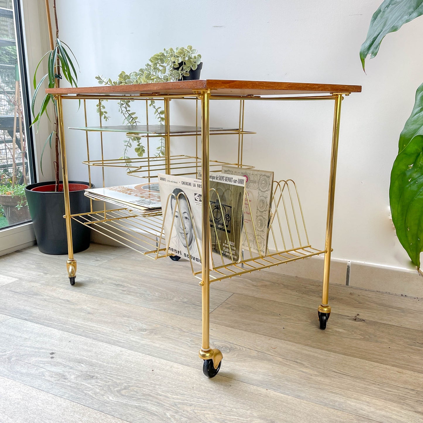 Table d'appoint vintage range vinyles - Laiton & Bois – Années 50/60