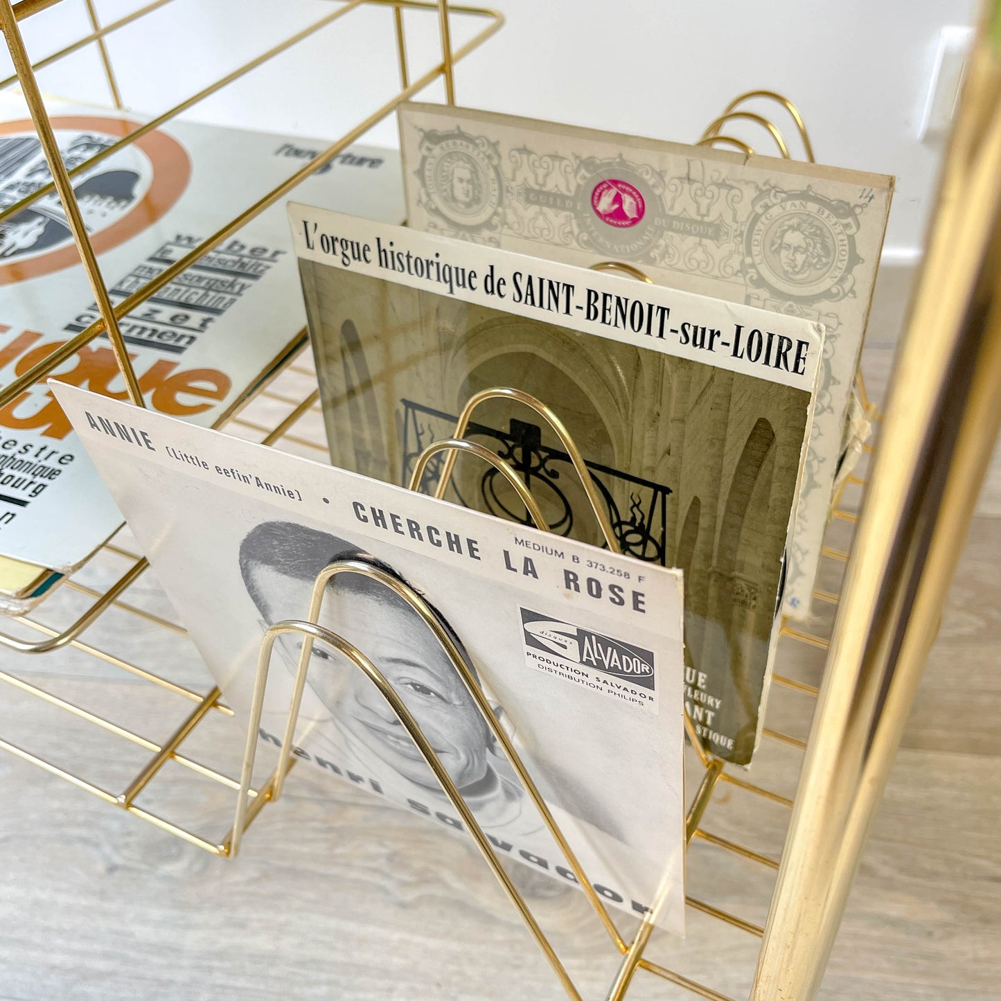 Table d'appoint vintage range vinyles - Laiton & Bois – Années 50/60