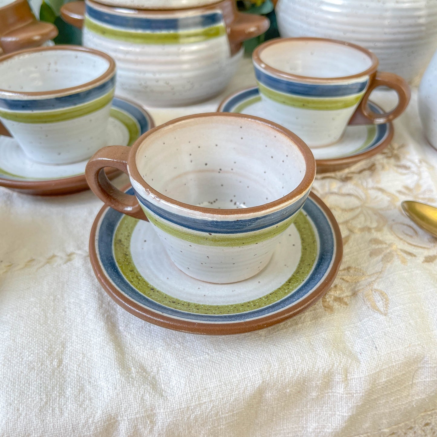 Service à café vintage en grès moucheté gris rayures vertes bleues des années 1950 - Tasses à café en grès vintage - théière vintage grès