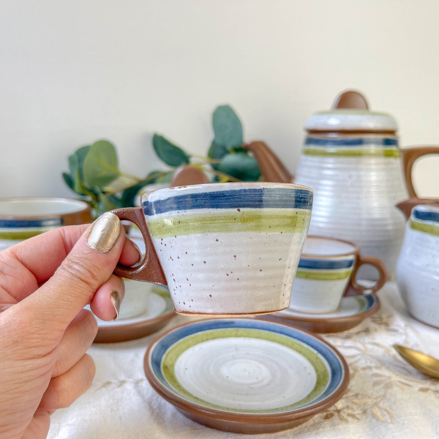 Service à café vintage en grès moucheté gris rayures vertes bleues des années 1950 - Tasses à café en grès vintage - théière vintage grès