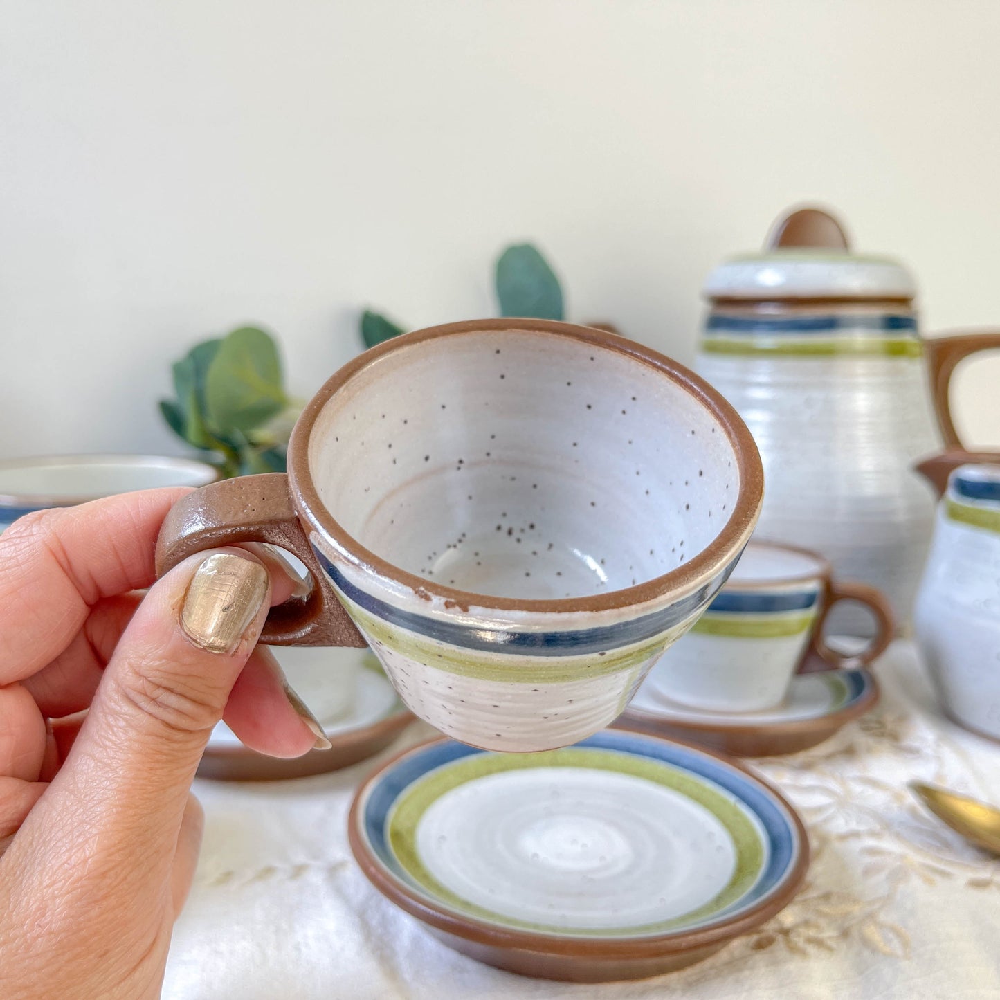 Service à café vintage en grès moucheté gris rayures vertes bleues des années 1950 - Tasses à café en grès vintage - théière vintage grès